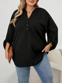 SHEIN CURVE+ Plus Size Textured Black Blouse: Button-Front, Roll-Tab Sleeve, Casual Top,Teacher Shirtsfall Clothes For Women,Winter,CURVE PLUS