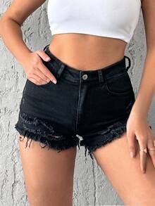 EURMUSE 98%Cotton Elastic, Hem Frayed Detailed Short - Black - View 4