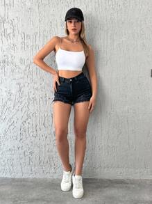 EURMUSE 98%Cotton Elastic, Hem Frayed Detailed Short - Black - View 5