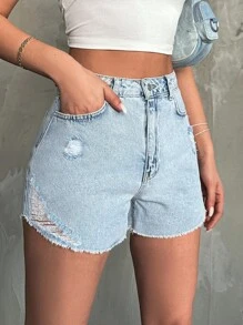EURMUSE 女士磨損後的鬆繩牛仔短褲 - 淺色水洗藍 - 查看 3