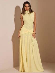 SHEIN BAE 秋季纯色黄色高领无袖紧身长喇叭裙，黄色连衣裙，奶油黄色连衣裙，生日连衣裙，约会连衣裙，节日派对连衣裙，宴会连衣裙 - 黃色 - 查看 5