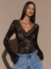 SHEIN BAE Women's Solid Black Long Sleeve Top, Sexy Deep V-Neck Lace Flare Sleeve Sheer Minimalist Elegant Romantic Blouse, Suitable For Layering, Romantic Dates, Parties In Autumn/Winter - Black - View 7