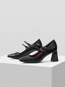 Mnmlis 优雅黑色 PU 双带方头粗跟高跟鞋 - 黑色 - 查看 2