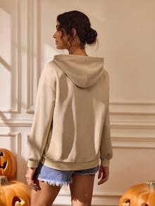 Glamance Lemon Design 女式字母和骷髅印花长袖抽绳连帽休闲运动衫万圣节运动衫图案连帽衫女式秋季服装女式万圣节连帽衫图案运动衫外出秋冬 - 杏色 - 查看 2