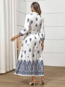 Gloray Women's Elegant Faux Linen Bamboo Knot Waist Dress - Blue and White - View 2