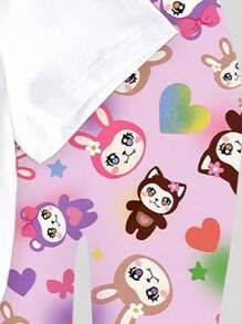 2pcs Girls Casual Cartoon Cute Colorful Rabbit Design Slogan Print Short Sleeve T-Shirt And Leggings Set, Back To School Outfit Tween Girl Shirt And Pants Girls Leggings Set Kids Tshirt And Leggings Set Tween Leggings Set Girls Graphic Tee And Leggings