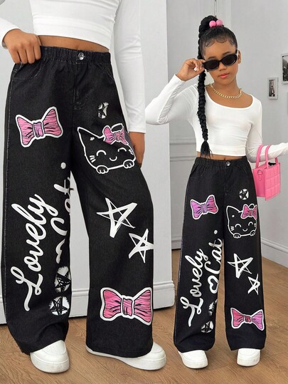 Sparklyn Tween Girls Elastic Waist Loose Printed Wide Leg Pants, Suitable For Street & Everyday Wear, Spring/Autumn Fall Winter