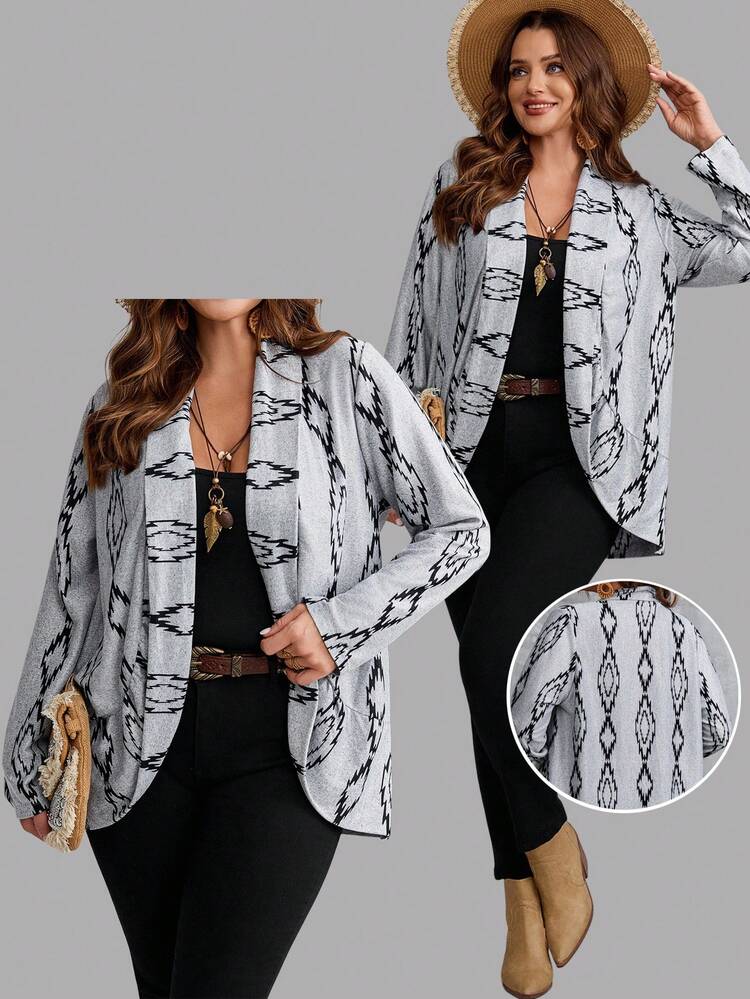 Plus Size Women Casual Bohemian Open Front Long Sleeve Coat, Fall