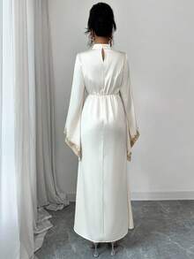 Elenzga 女式优雅喇叭袖花卉蕾丝边修身连衣裙，秋季 - 杏色 - 查看 2