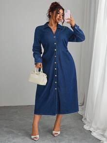 Elenzga Plus Size Women Long Sleeve Single-Breasted Casual Denim Dress
