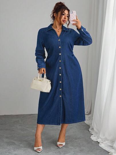 Elenzga Plus Size Women Long Sleeve Single-Breasted Casual Denim Dress