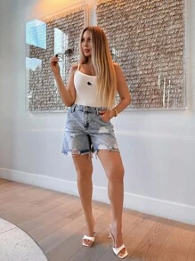 Cioccolato 女式口袋破洞磨边休闲牛仔短裤 - 淺色水洗藍 - 查看 1