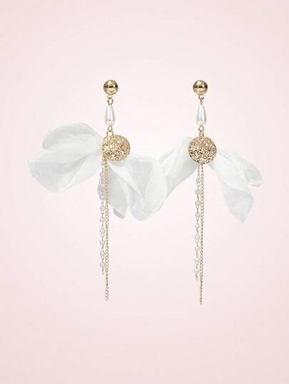 SHEIN MOD 优雅珍珠流苏欧根纱蝴蝶结耳环