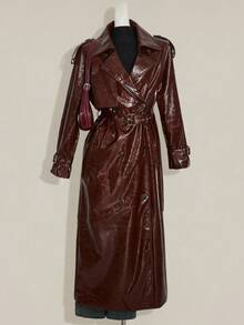 SHEIN ICON 女式纯色长袖 PU 皮夹克 - 酒紅色 - 查看 3