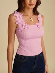 Enchnt Summer Romantic Women Pink 3D Flower Decor Ribbed Fitted Tank Top, Casual & Comfortable For Birthday & Holiday Party & Sweet Date & Daily Commuting & Vacation & Wedding Season Essential,Summer Versatile For Women,Concert Women,Elegant - Pink - View 1
