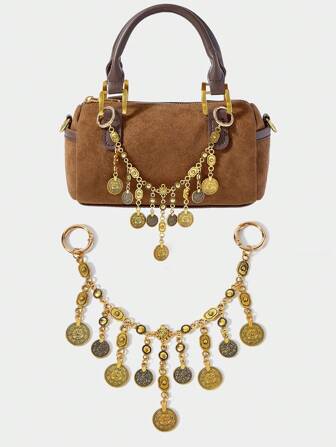 SHECARRY 1pc Vintage Coin Tassel Metal Bag Chain, Bohemian Style Accessory For Vacation, Party