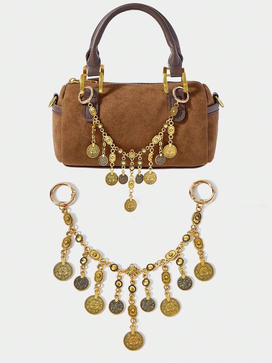 SHECARRY 1pc Vintage Coin Tassel Metal Bag Chain, Bohemian Style Accessory For Vacation, Party