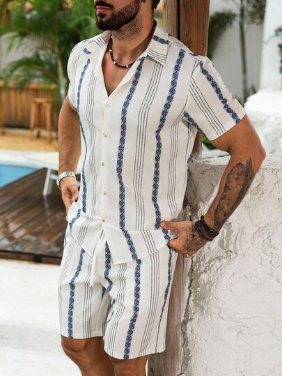 Manfinity RSRT Ensemble 2 pièces chemise et short imprimé géométrique casual pour hommes en vacances