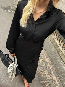 Elyressa 法式优雅派对缎面压花开襟秋季女士黑色长袖连衣裙 - 黑色 - 查看 4