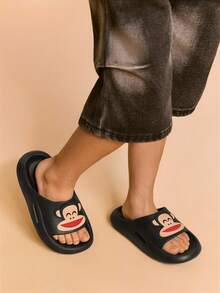 Paul Frank X SHEIN 可爱卡通猴子黑色男童儿童一脚蹬拖鞋儿童防滑速干淋浴拖鞋，轻便耐用的 EVA 材质，男女通用，适用于室内、浴室、游乐场、游泳池、海滩室内外 - 黑色 - 查看 8