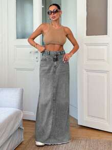 EURMUSE 100% Cotton Low Waist Denim Wide Hem Denim Skirt - Grey - View 1