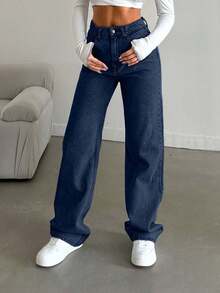 SHEIN Cottnline Snow Wash Straight Leg Jeans High Rise ,Petite Women - Navy Blue - View 5