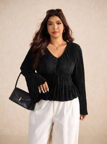 SHEIN Elaquor Áo thun nữ cổ chữ V tay dài vải họa tiết viền nhún bèo thời trang thường ngày cỡ lớn - màu đen - Xem 5