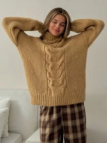 EURMUSE Women's Solid Color Minimalist Turtleneck Long Sleeve Cable Knit Sweater Brown Sweater Brown Knit Set Sweater Set,Jumper,Cream Jumper,Jumpers,Christmas Jumper,White Jumper,Black Jumper,Ladies Jumper,Women's Jumpers - Camel - View 7