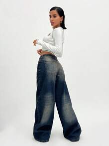 EURMUSE Low Waist Wash Detailed Wideleg Jean - Medium Wash - View 2