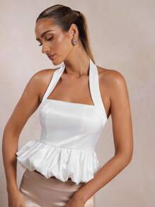 L'Amorae Bubble Hem Peplum Halter Sleeveless Satin Summer Top - White - View 5