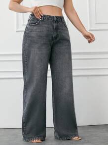 EURMUSE 100%Cotton Plus Size Slant Pocket Casual Wide Leg Jeans