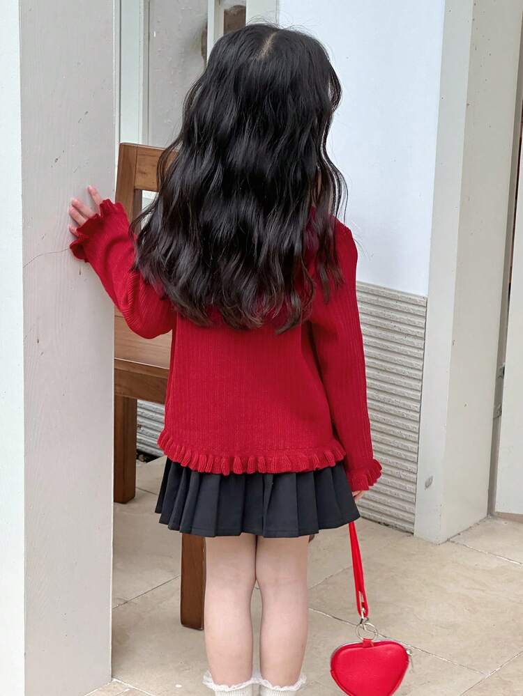 Young Girls Ruffle Trim Solid Color Casual Cardigan Fall/Winter