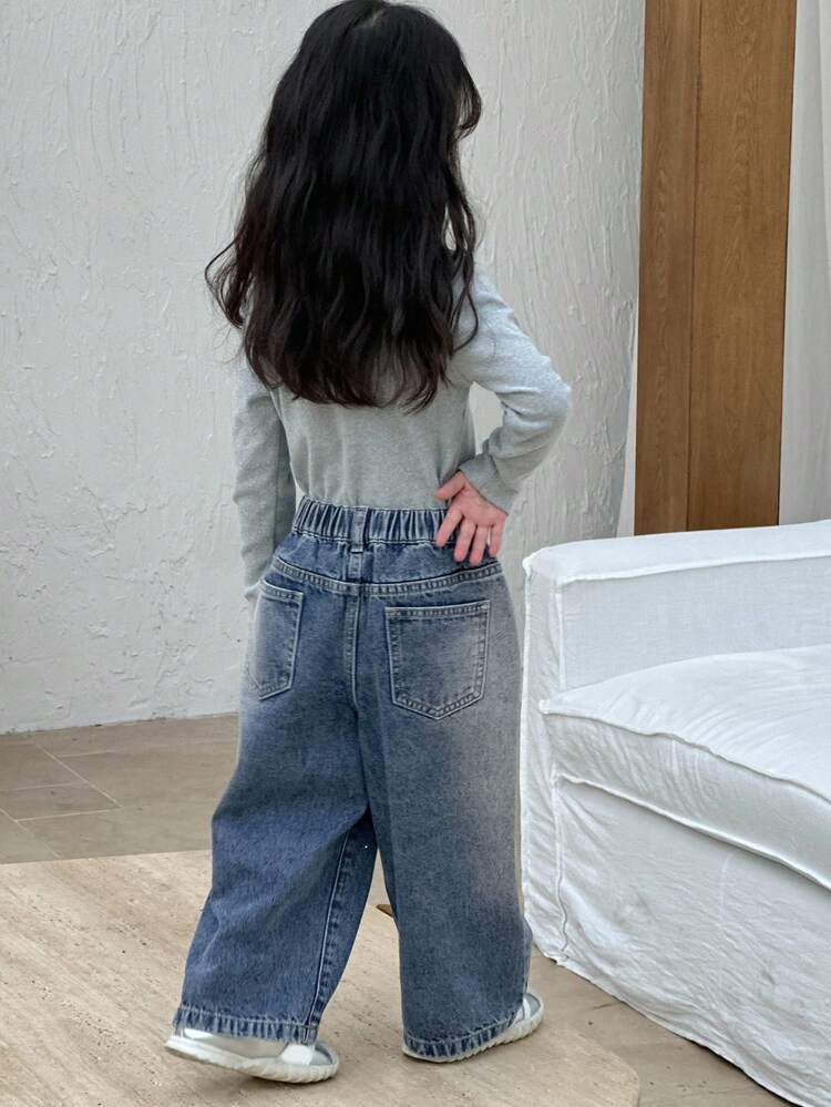 Young Girl Casual Korean Style Washed Rhinestone Loose Denim Jeans Fall, Winter