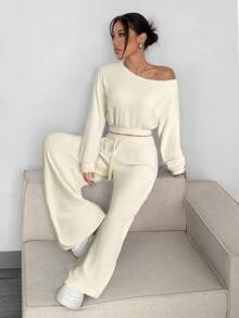 SHEIN EZwear 2件套女士针织斜肩上衣和裤子休闲套装 - 杏色 - 查看 5