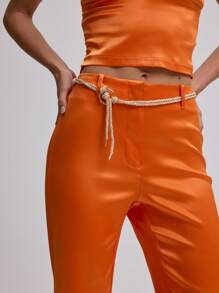 MUSERA 系带喇叭缎面裤，仅裤脚，性感可爱，Y2K 90年代风格，适合夜生活、返校季、秋季假期、生日、优雅、夏季、春季、假日、嘉年华等场合，休闲百搭。 - 橘色 - 查看 5