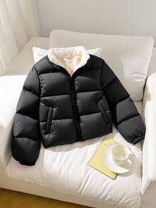 SHEIN 少女简约舒适时尚宽松短款立领羽绒服，拉链设计，简约时尚休闲，加厚设计，适合秋冬季节穿着。 - 黑色 - 查看 2