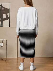 Zelara Plus Size Women's Knight Print Drop Shoulder Long Sleeve Sweatshirt And Striped Camisole Dress Casual 2 Pieces Set Plus Size Women Clothes 2 Piece Plus Size Airport Outfit Fall Clothes For Women Business Casual Woman Office Outfits For Women Old Money Style Women Going Out Tops For Women - Black and White - View 3