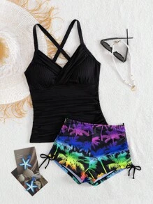 Swim Lushoire 2 件套女式吊带罗纹椰子树印花性感比基尼上衣和抽绳短裤，休闲沙滩泳装 - 彩色 - 查看 3