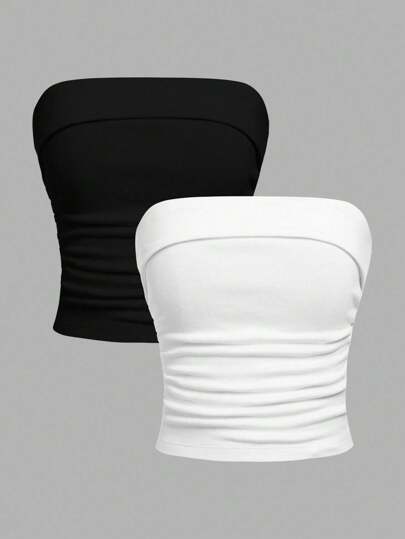 SHEIN Girlism 2pcs/Set Tween Girls Black & White Cropped Camisole Tops, Casual Everyday All-Match Versatile Wear, Buy 1 Get 1 Free Black Tube Top Strapless Tops White Tube Top Tube Top Set Tube Tops