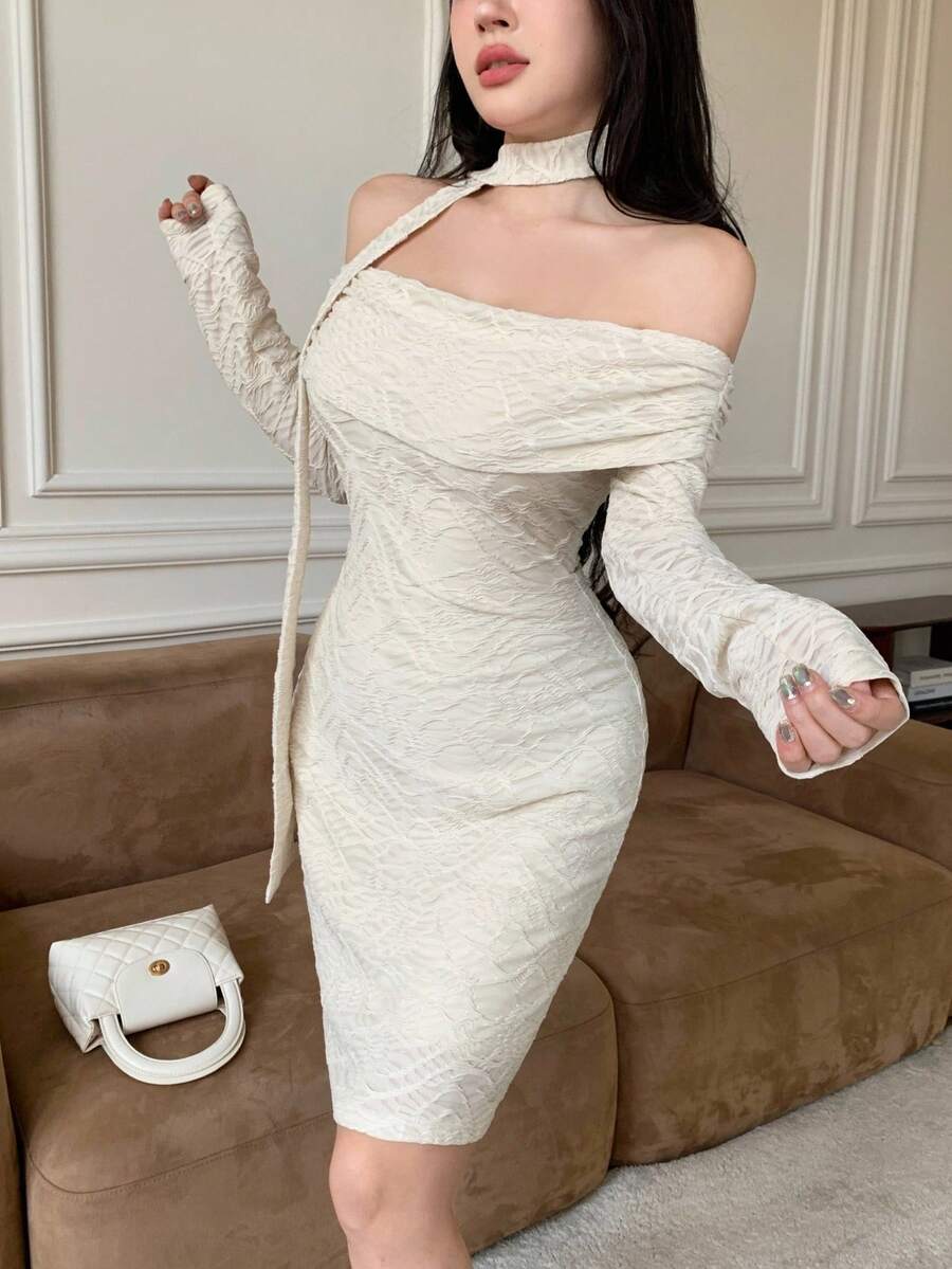 Modelyn Textured Fabric Tie-Strap Off Shoulder Cinched Waist Straight Mini Dress Fall Cloth For Women - Apricot - View 1