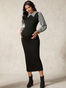 SHEIN Elegant Commuter Houndstooth Print Patchwork Fitted Maternity Dress - Black and White - View 7