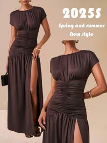 Veslaya Vestido sexy de manga corta con cuello redondo, plisado lateral y bajo con abertura, adecuado para mujer de talla grande en ocasiones casuales, diarias, citas, viajes, trabajo, elegante y playa, apto para otoño, invierno, primavera y verano - Marrón - Ver 16