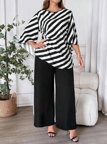 SHEIN Clasi 2 件加大码黑白条纹系腰上衣和裤子套装，女士夏秋装，万圣节服装，外出装，婚礼宾客两件套，女士商务休闲装 - 黑與白 - 查看 6