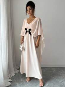 Elenzga Elegant Sleeveless Dress With Shawl Collar, Bowknot Design For Women - Dusty Pink - View 6