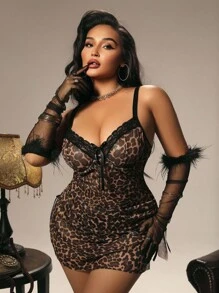 Bare Chapter 2件套大码女式性感豹纹网眼蕾丝荷叶边开衩裙套装