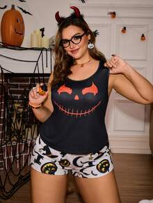 Miss Vinta Plus Size Women Halloween Pumpkin Print Cami Top And Shorts Pajama Set, For Halloween Party - متعدد الألوان - مشاهدة 5