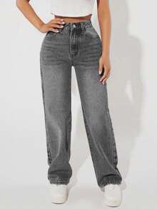 SHEIN PETITE Women's High Waist Pockets Straight Loose Casual Versatile Denim Jeans