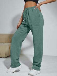 Flirla Quần nỉ ống đứng dáng rộng màu trơn có dây rút túi eo dành cho nữ - Màu xanh Bạc hà - Xem 4