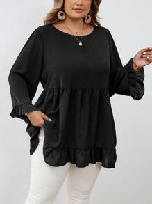 SHEIN CURVE+ 加大码纯色荷叶边下摆套头衫，适合女士休闲外出秋季服装、冬季服装、CURVE PLUS - 黑色 - 查看 4