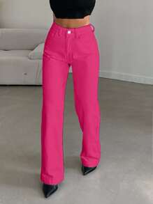 EURMUSE Women's Casual Straight Leg Solid Color Jeans, Suitable For Everyday Wear - Berwarna merah muda - View 6